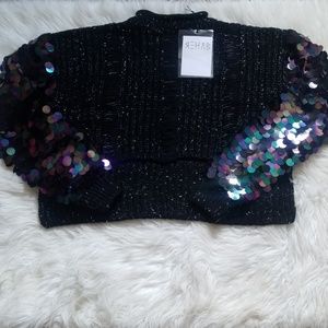 Rehab Black Cropped Sweater with Iridescent Sequin Sleeves